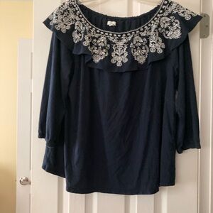 J. Jill Blue Ruffled Embellished 3/4 Sleeve Blouse